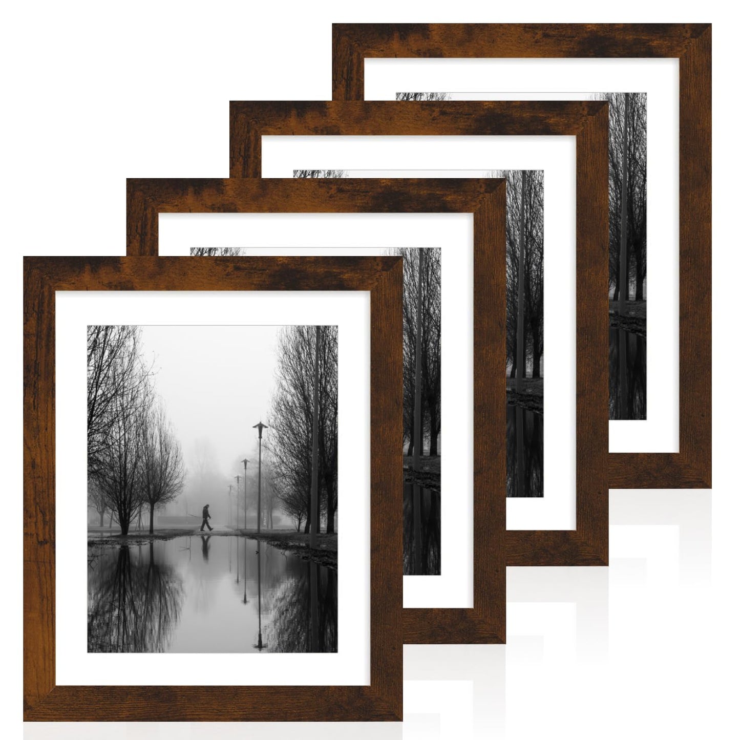 iRahmen 10x12 Picture Frame with Mat 8x10 - High Definition Real Glass Wooden Photo Frames for Tabletop Display and Wall Mounting (Dark Brown, Set of 4)