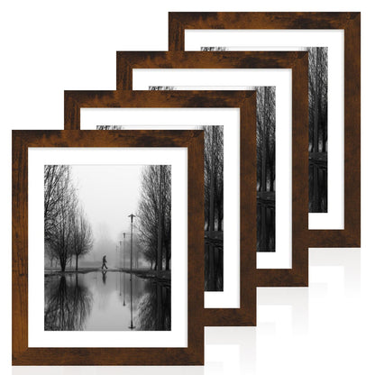 iRahmen 10x12 Picture Frame with Mat 8x10 - High Definition Real Glass Wooden Photo Frames for Tabletop Display and Wall Mounting (Dark Brown, Set of 4)