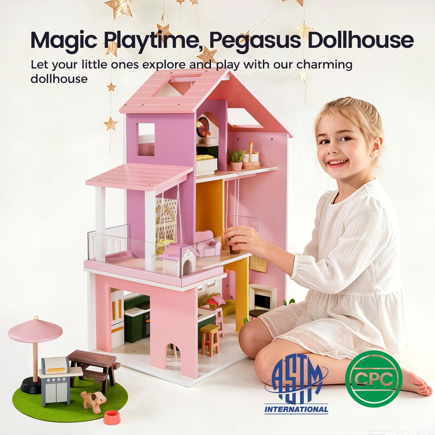Tiny Land Wooden Doll House, Modern Family Dollhouse with Realistic Design, 7 Rooms Dollhouse with 49 PCS Accessories, Montessori Pretend Play Toddler Toy, Ideal Gift for Kids Ages 3+, Pink
