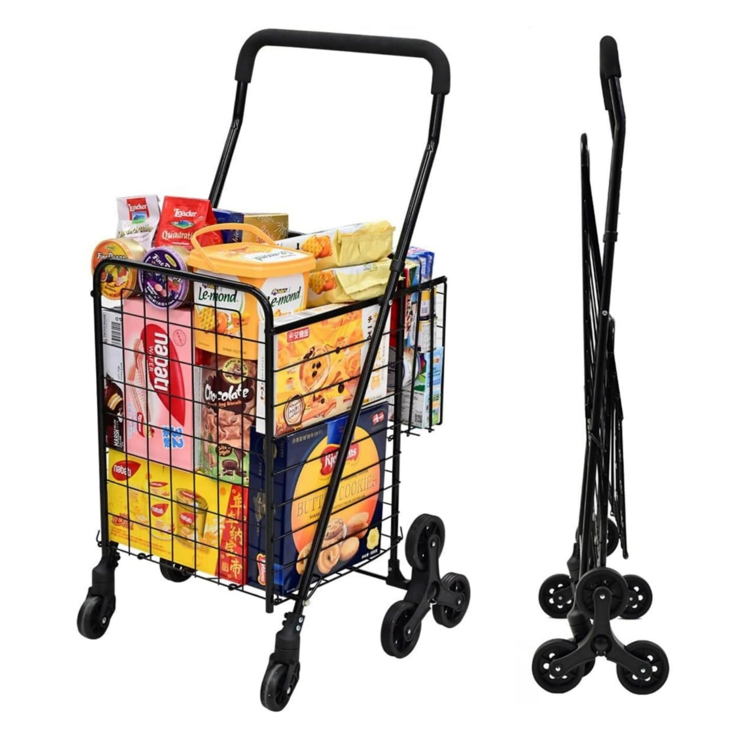 Kiffler Grocery Shopping Cart with 360° Rolling Swivel Wheels Stair Climber Utility Cart Easily Collapsible Cart with Tri-Wheels, 66lb Extended Foam Cover, Trolley for Stair, Laundry, Travel (Black)