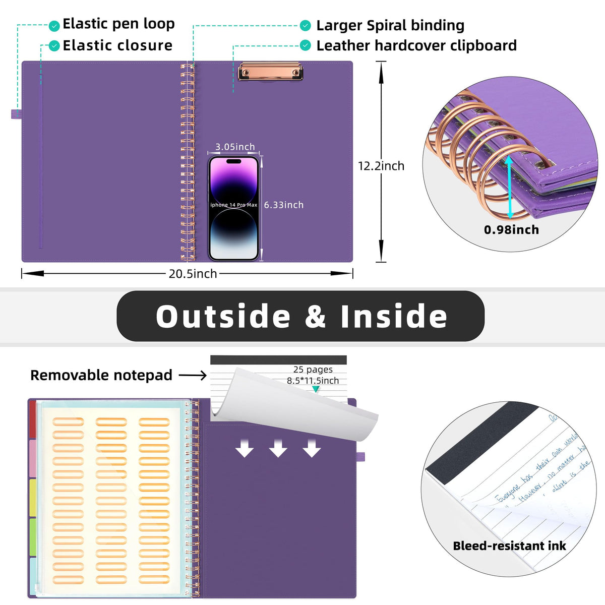 Ospelelf Leather Spiral Clipboard Folder with Storage Zipper Pouch, Foldable Clipboard Folio with Notepad for Letter Size, 5 Folders with 10 Pockets, 39 Divider Label Stickers (Purple)