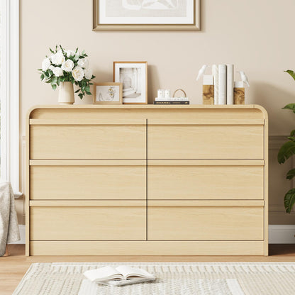 Garvee 6 Drawer Dresser for Bedroom, 47" Wide Wooden Dressers with Curved Profile Design, Mid Century Chest of Drawers Closet Clothes Storage Organizer for Living Room, Entryway, Nursery, Natural