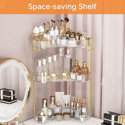 3-Tier Corner Bathroom Counter Organizer，Makeup & Skincare Shelf with Built-in Brush Holder，Space-Saving Bathroom Countertop Organizer for Skincare, Perfume, Cosmetics(Clear)