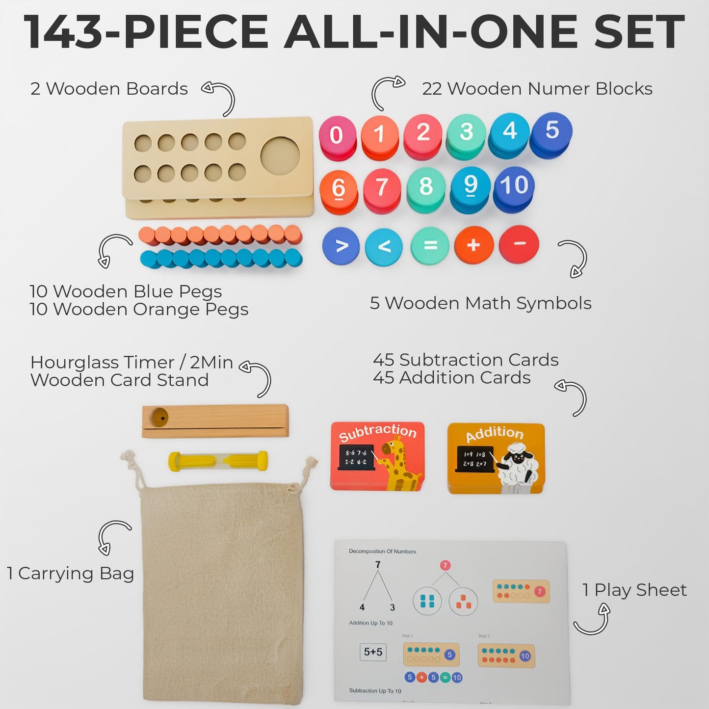 Wooden Sorting and Stacking Toy for Toddlers - 143-Piece Montessori Inspired Counting Game - ASTM F963-23 Certified Screen-Free Play Set for Home Learning Gift for Kids Boys Girls 3-5 Five Ten Frame