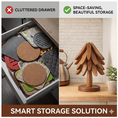 Wooden Trivets for Hot Dishes, Foldable Tree Trivet Set with Stand, 4-Layer Walnut Wood Trivet for Pots, Pans, Coffee & Teapot, Space Saving Table Protector for RV, Decorative Kitchen Decor & Gift