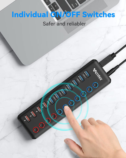 Powered USB 3.0 Hub, Wenter 11-Port Hub Splitter (7 Faster Data Transfer Ports+ 4 Smart Charging Ports) with Individual LED On/Off Switches, Power Adapter for Mac, PC