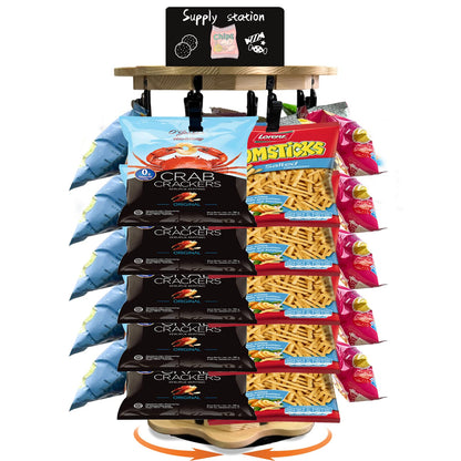Mazatzal 5 Tiers 40 Clips Chip Rack Display Stand, 360° Rotating Snack Organizer with Flower Shape Wooden Base, Countertop Candy Holder for Party, Retail Store, with Message Board