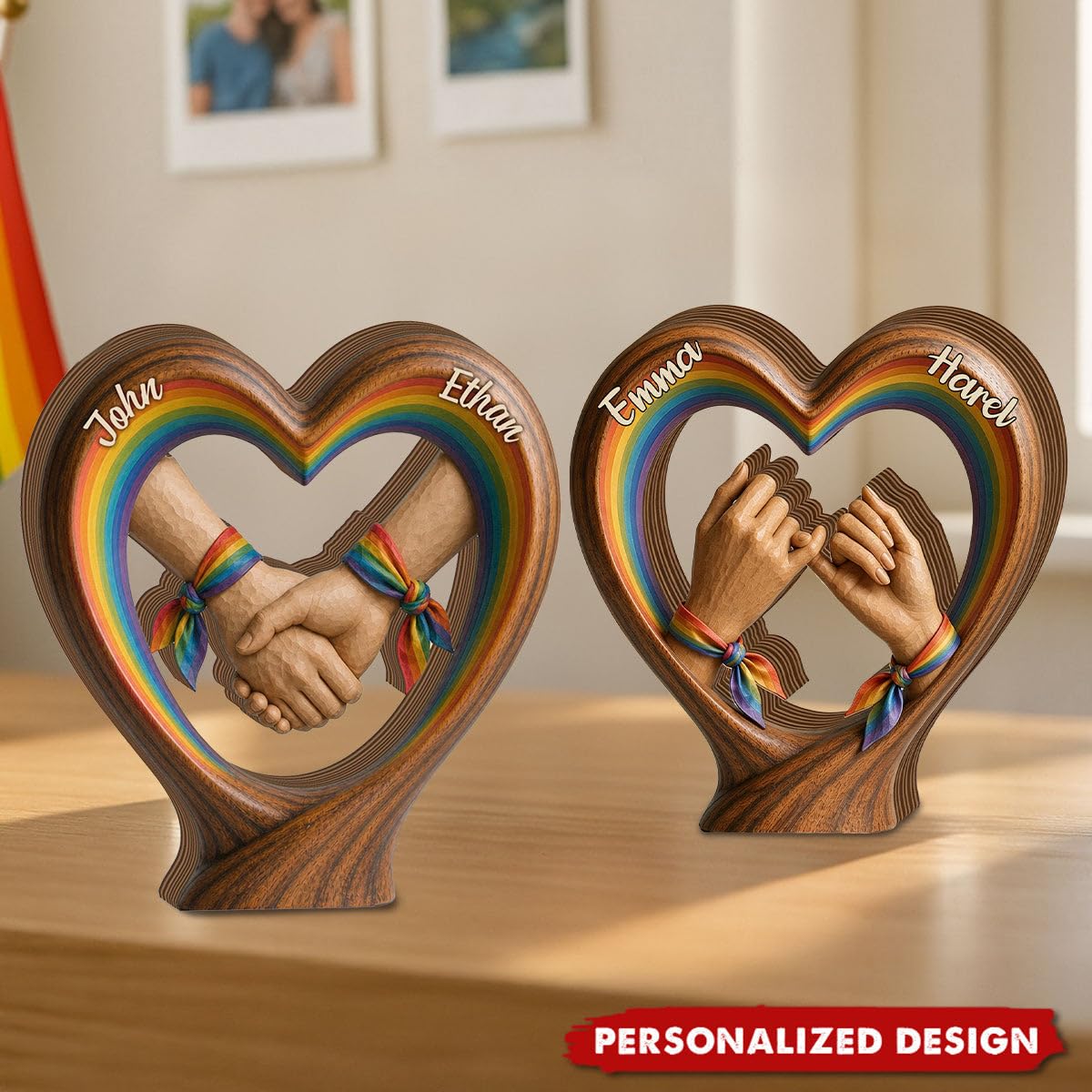 Personalized LGBTQ Wooden Heart Plaque, Rainbow Hand Holding Decor Gift Custom Pride Month Shelf Sitter Meaningful Couple Present Tabletop Keepsake Home Room Decoration