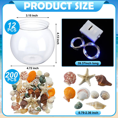 RoundFunny 12 Set 30 oz Beach Themed Party Table Centerpieces 4" Heavy Duty Round Plastic Fish Bowls Mixed Beach Natural Seashell Starfish with Blue Lights for Wedding Baby Shower Ocean Party Supplies
