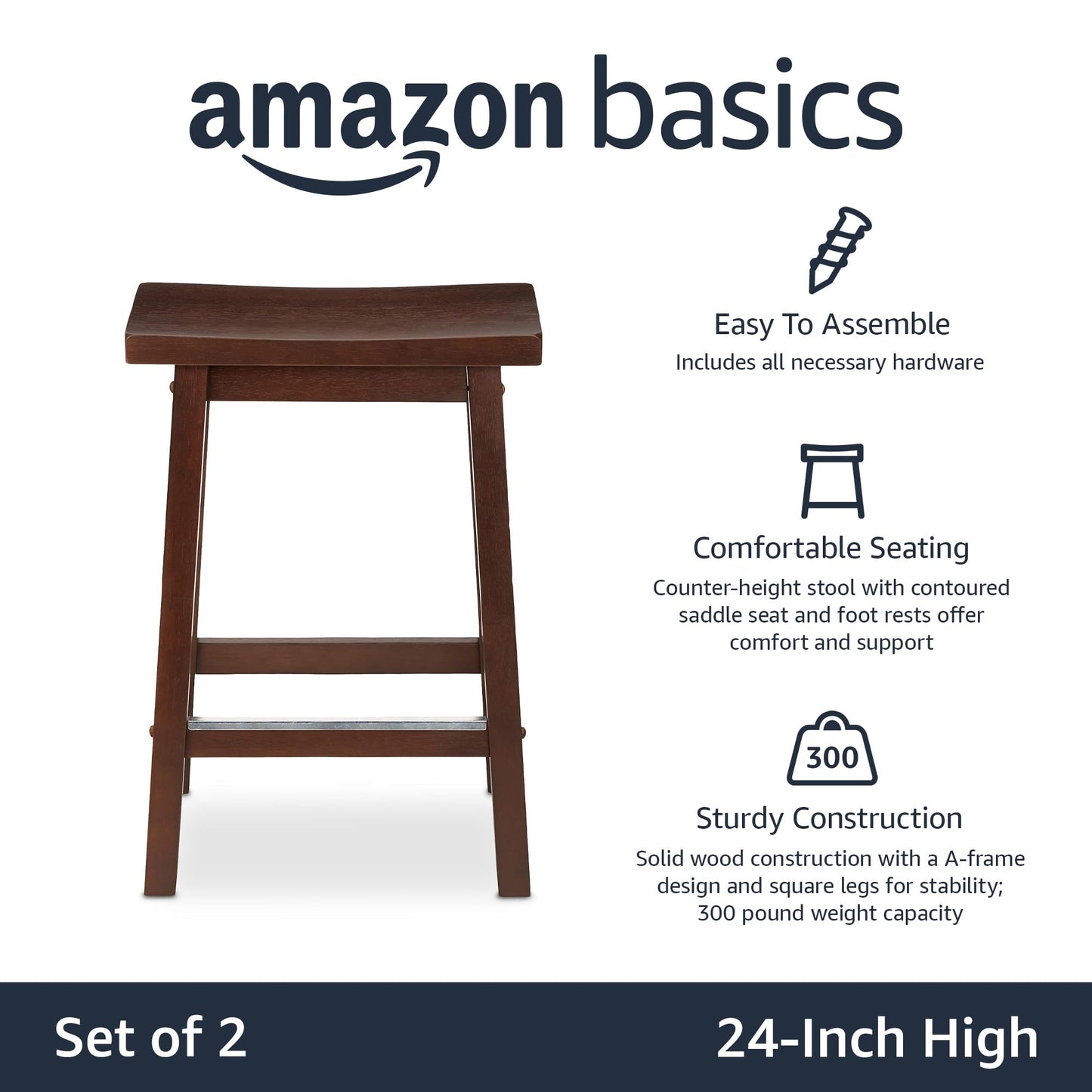 Amazon Basics Solid Wood Saddle-Seat Counter Height Bar Stools for Kitchen Island with Footrest, 24-Inch Height, Walnut, Set of 2