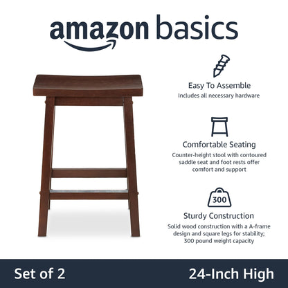 Amazon Basics Solid Wood Saddle-Seat Counter Height Bar Stools for Kitchen Island with Footrest, 24-Inch Height, Walnut, Set of 2