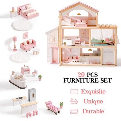ROBOTIME Wooden Dollhouse, Doll House with 29 Pieces Furniture Set - Pool and Elevator, Wooden Doll House for 4, 5, 6-Inch Dolls, 6 Rooms Pink Dollhouse Gift for Kids Girls Ages 3+ (Pink)