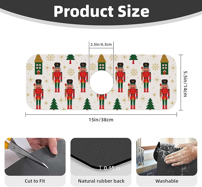 Nutcracker Christmas Tree Snowflakes Kitchen Sink Splash Guard Faucet Mat Super