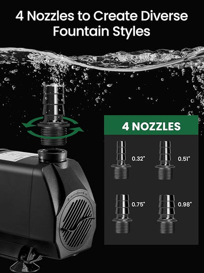 GROWNEER 1250GPH Submersible Pump 110W Fountain Water Pump 4700L/H, with 14.7ft High Lift, 4 Nozzles for Aquarium, Fish Tank, Pond, Hydroponics, Statuary, Garden, Black (1250GPH)