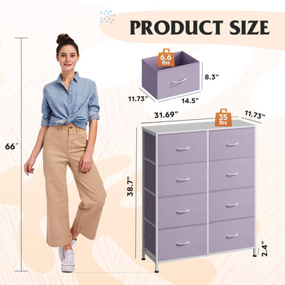 WLIVE Fabric Dresser for Bedroom, Tall Dresser with 8 Drawers, Storage Tower with Fabric Bins, Double Dresser, Chest of Drawers for Closet, Playroom, Dormitory, Purple