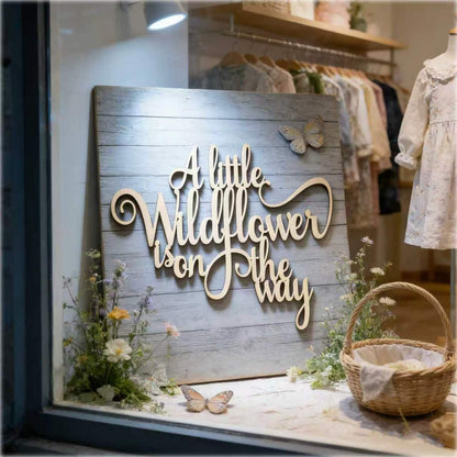 Wooden"A Little Wildflower is on The Way"wall Sign, Baby Shower Welcome Sign,Newborn Shower Yard Sign,Gender Reveal Boy/Gril Welcome Sign,Nursery Wall Decor,Photo Booth Props Door Decorations
