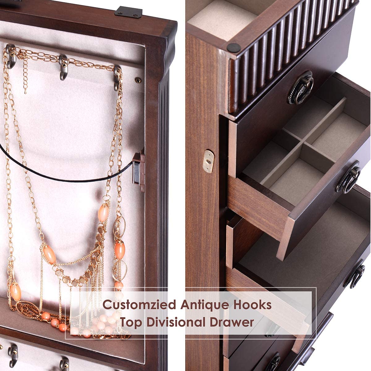 OFFICEJOY Jewelry Armoire Cabinet, Wooden Standing Jewelry Box w/ 7 Drawer, 2 Side Door, Flip Top Mirror, 12 Necklace Hook, Tall Jewelry Storage Chest for Women