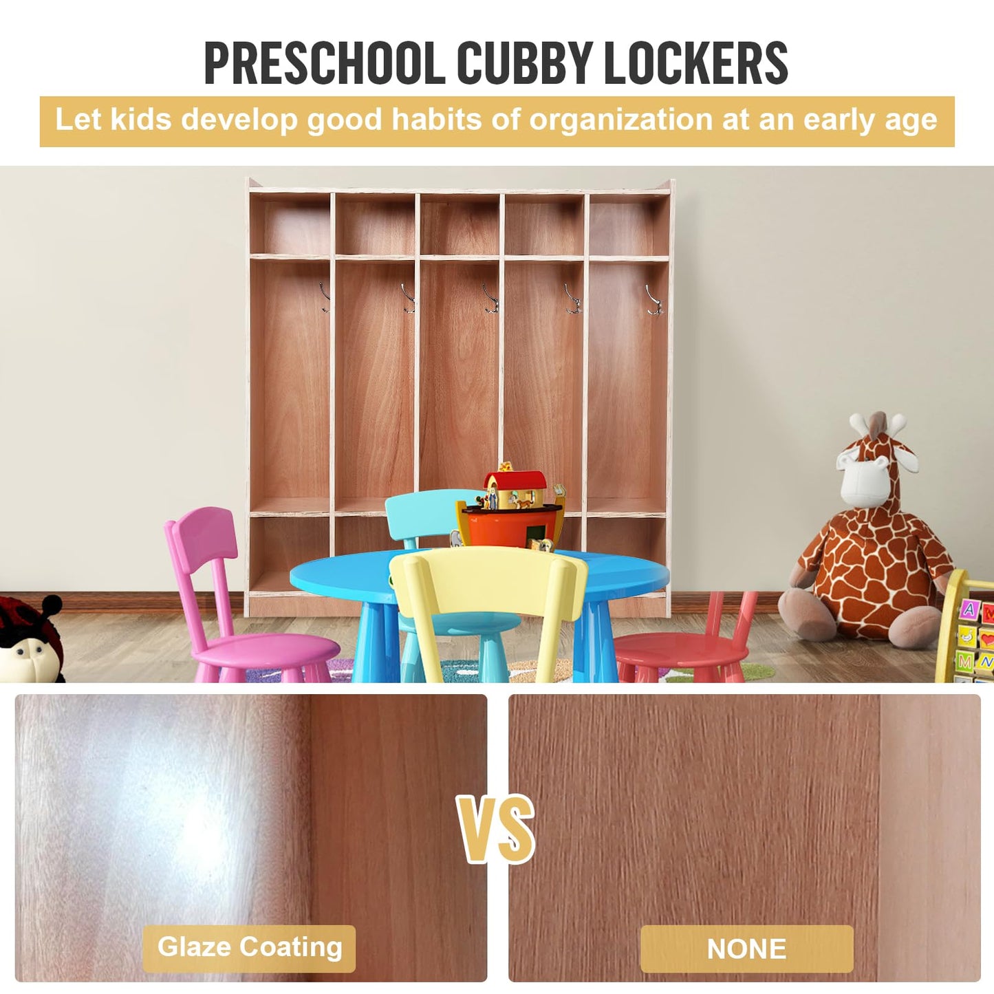 5-Section School Coat Locker, Glazed Classroom Cubbies with 4 Hidden Wheels and 2 Storage Boxes, Daycare Storage Cabinet for Home, School, Kindergarten, 5 Large Cubbies with Hooks & 10 Small Cubbies