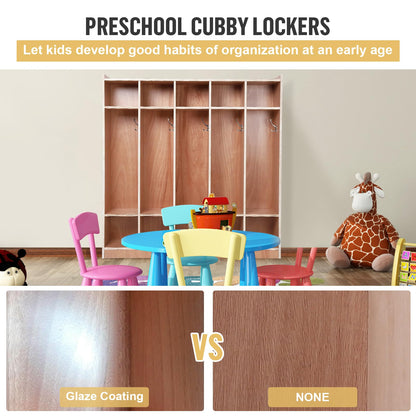 5-Section School Coat Locker, Glazed Classroom Cubbies with 4 Hidden Wheels and 2 Storage Boxes, Daycare Storage Cabinet for Home, School, Kindergarten, 5 Large Cubbies with Hooks & 10 Small Cubbies