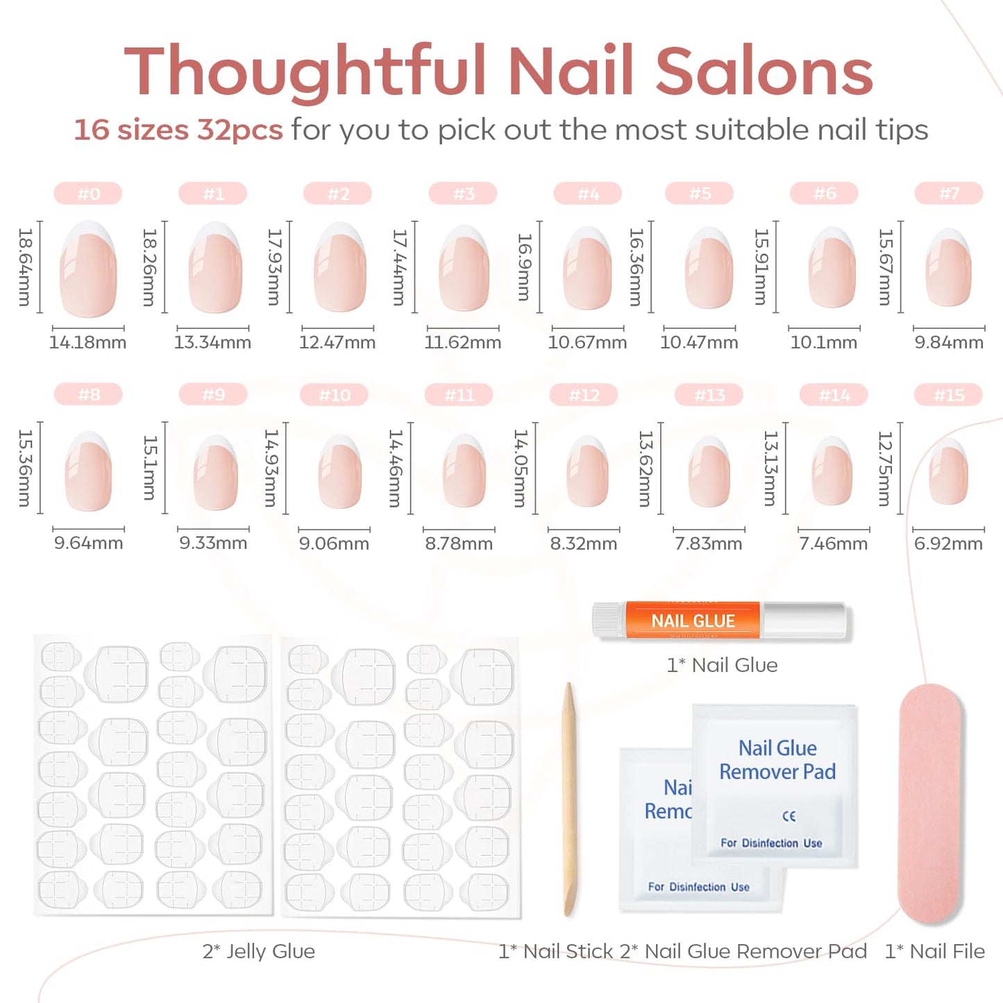 modelones Pink Short Press on Nails, Fall Halloween Oval Fake Nails Kit Press Ons with Nail Glue, Adhesive Tabs, Nail File, Prep Pad, Manicure Stick, 32Pcs 16 Sizes