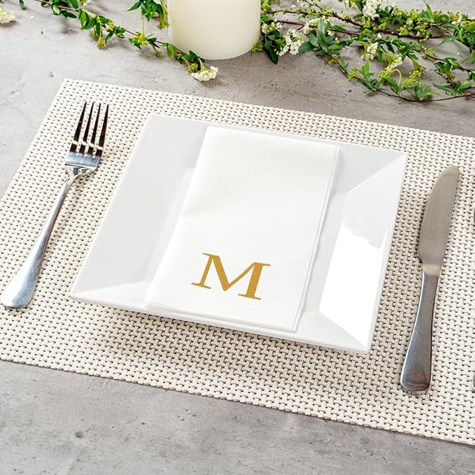 Restaurantware Napkins Pack of 300 Gold Letter M Linen-Feel Paper Disposable