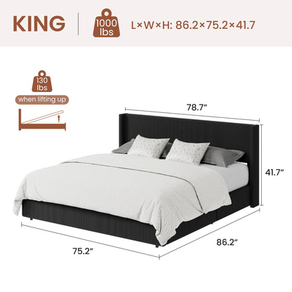 GarveeHome King Size Lift Up Storage Bed Frame, Corduroy Upholstered Platform Bed with Gas Lift, Padded Headboard, Wooden Slat Support, No Box Spring Needed, Black
