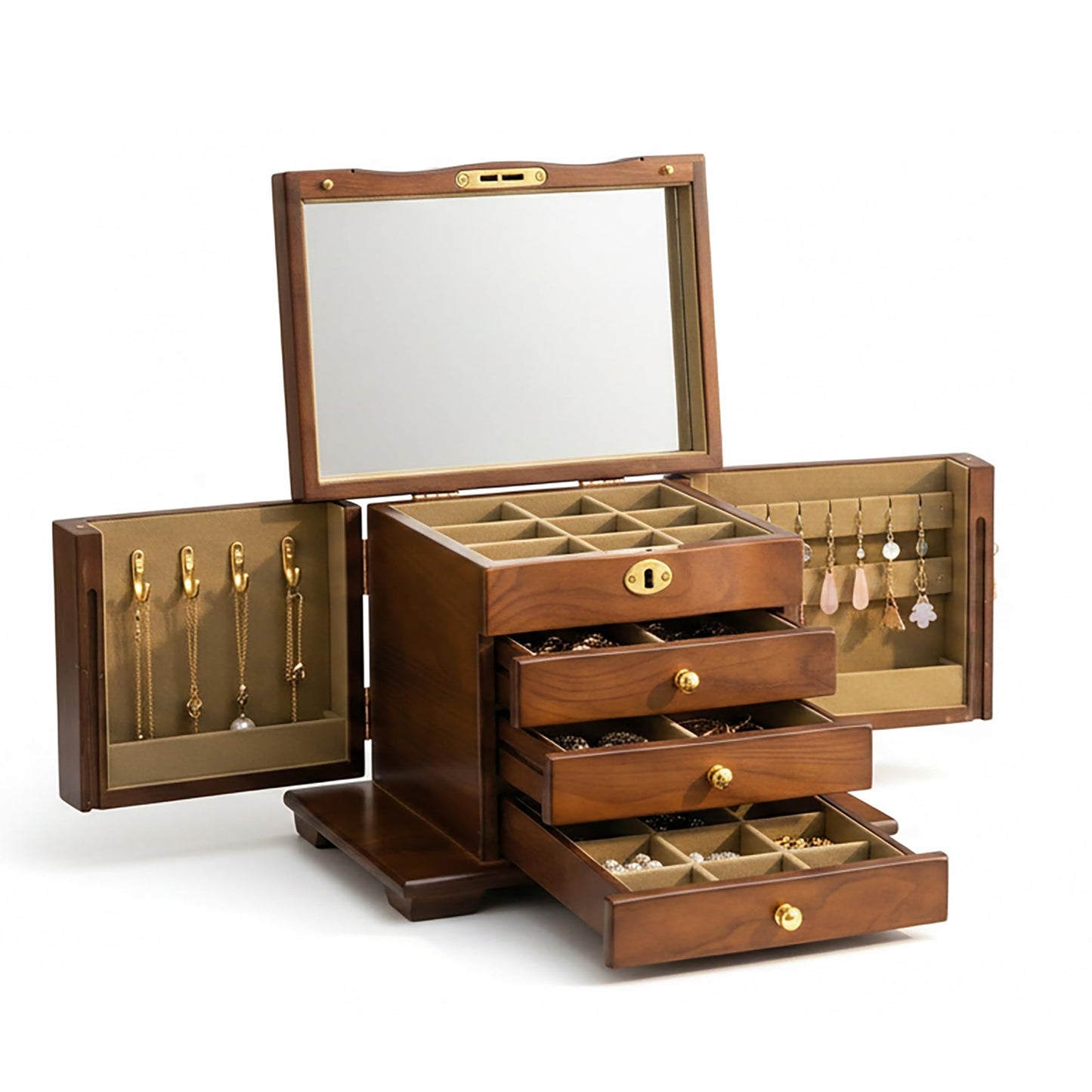 GuaziV Wooden Jewelry Box for Women – 4-Layer Jewelry Organizer with Mirror & Lock, Ring Holder, Necklace Hooks, Earring Board, Large Jewelry Storage Chest for Rings Earrings Necklaces Bracelets