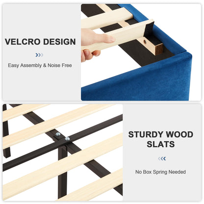 VECELO Upholstered Platform Queen Bed Frame with 4 Storage Drawers & Wave Fabric Headboard,Wooden Slats Support/No Box Spring Needed/Mattress Foundation/Easy Assembly,Dark Blue
