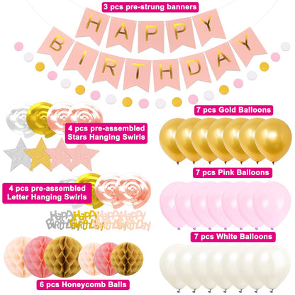 Birthday Decorations, NO DIY, Pre-Strung Happy Birthday Banner with Honeycomb Balls, Metallic paper Hanging Swirls Streamers, Circle Dots Garland, Party Paper Bunting for Women Men Boys Girls(Pink)