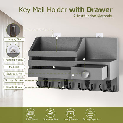 HOMEBROS Key Holder Wall Mount, Wooden Adhesive Mail and Key Organizer with Drawer, Small Shelf, 8 Hooks, 2 Installation Methods, Gray