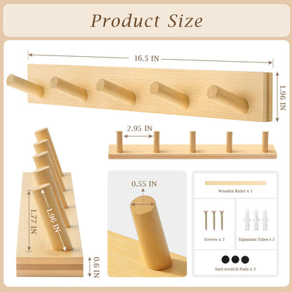 HOMEBROS Coat Rack Wall Mount, Wooden Coat Hanger with 5 Hooks, Heavy Duty, Natural, 1 Pcs