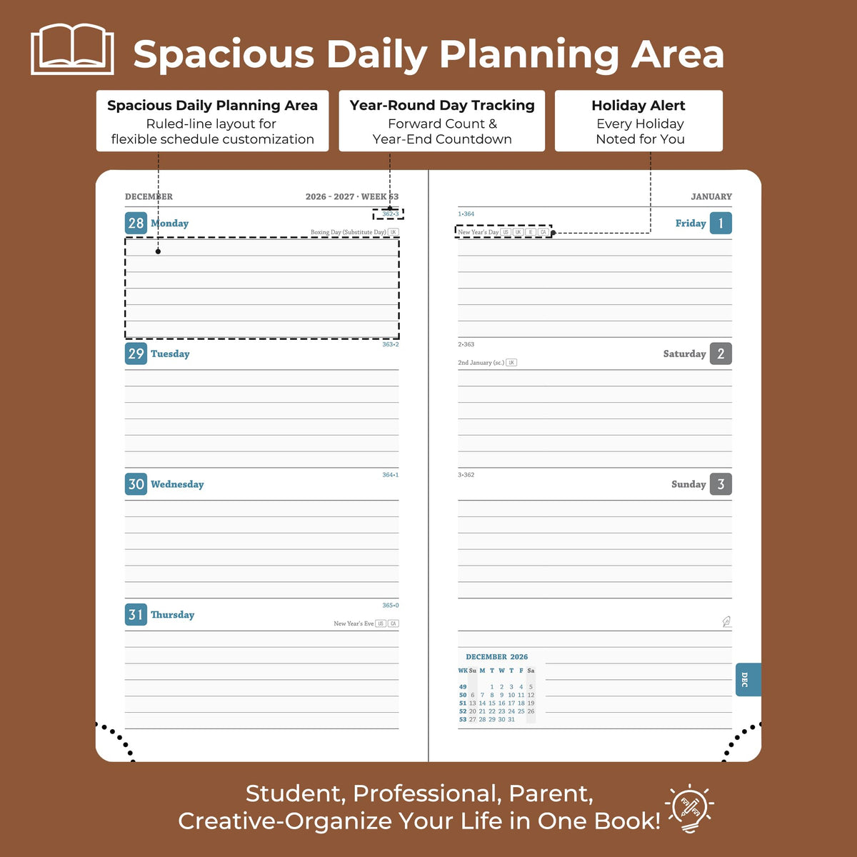 IN-LUXPRO Planner 2026-2027 Daily Weekly and Monthly,6.5"x3.75",18 Months Spiral Bound Calendar Agenda with Self-adhesive Pen Holder,2026 Academic Plan with Vegan Leather Soft Cover,Brown