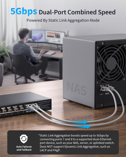 BrosTrend 2.5Gb Switch, Unmanaged 8 Port Ethernet Switch 2.5 Gigabit Supports Static Link Aggregation & VLAN, Fanless, Desktop Wall Mount, Multi Gig Splitter for Gaming, NAS, PC, Lifetime Protection