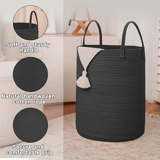 Large Woven Laundry Basket Hamper, 60L Cotton Rope Storage Bin
