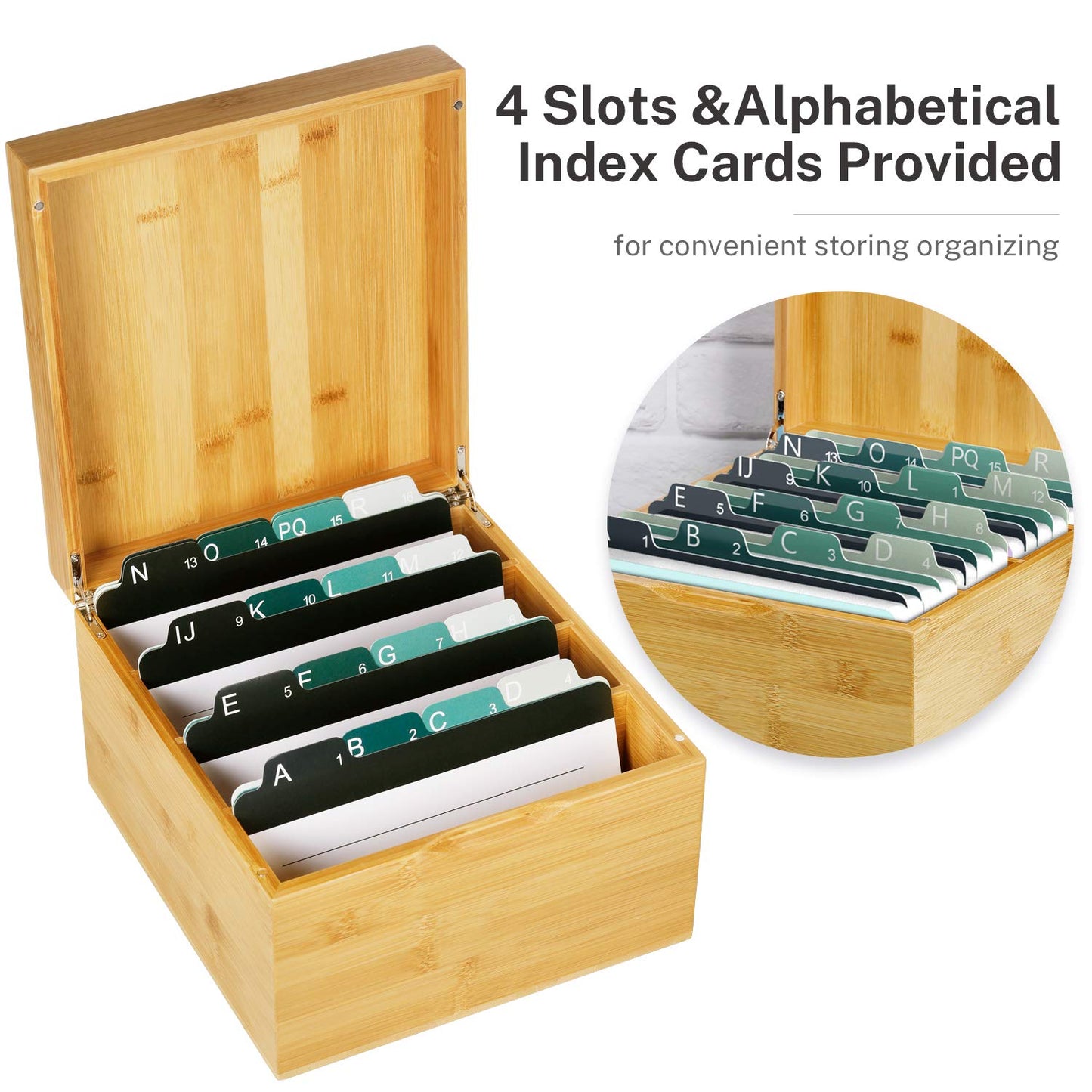 MaxGear Index Card Holder, 5 x 8 Inch Wooden Business Card Organizer for Desk with 3 Dividers, Bamboo Index Cards Box with A-Z Tabs Holds 600 Cards for Recipe Flash Storage
