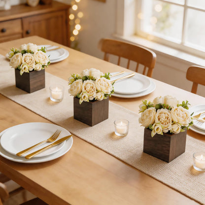 Dahey Small Flower Centerpieces for Tables Set of 3 Artificial Flowers with Wooden Vase Farmhouse Table Decor for Dinning Living Room Kitchen Wedding Party Office Home Decoration