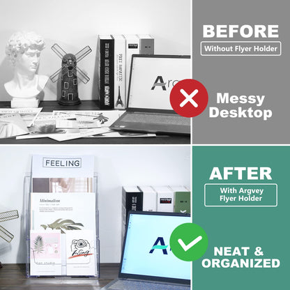Argvey Acrylic Brochure Holder 8.5 x 11 inches, 3 Tier Clear Literature Holder with Removable Divider for Trifold 4 Inches Wide Pamphlet, Plastic Flyer Display Stand for Magazine, Document, Booklet