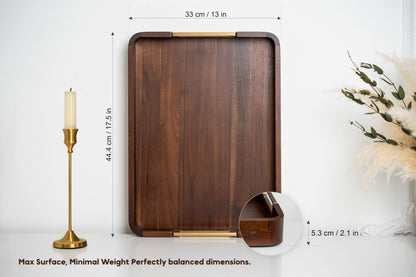 SARA NEST Premium Acacia Wooden Decorative Serving Tray with Gold-Tone Aluminum Handles, Versatile Serving Tray for Ottoman, Coffee Table, Living Room, Kitchen, Designed for Organizing & Home Decor