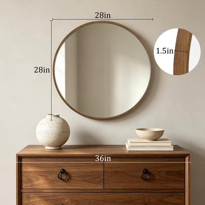 HOMECOOKIN Round Wood Mirror 28 inch Circle Mirror, Rustic Farmhouse Wooden Framed Decorative Wall Decor, Vanity Wall Mirror for Bathroom, Bedroom, Entryway, Living Room (Walnut)