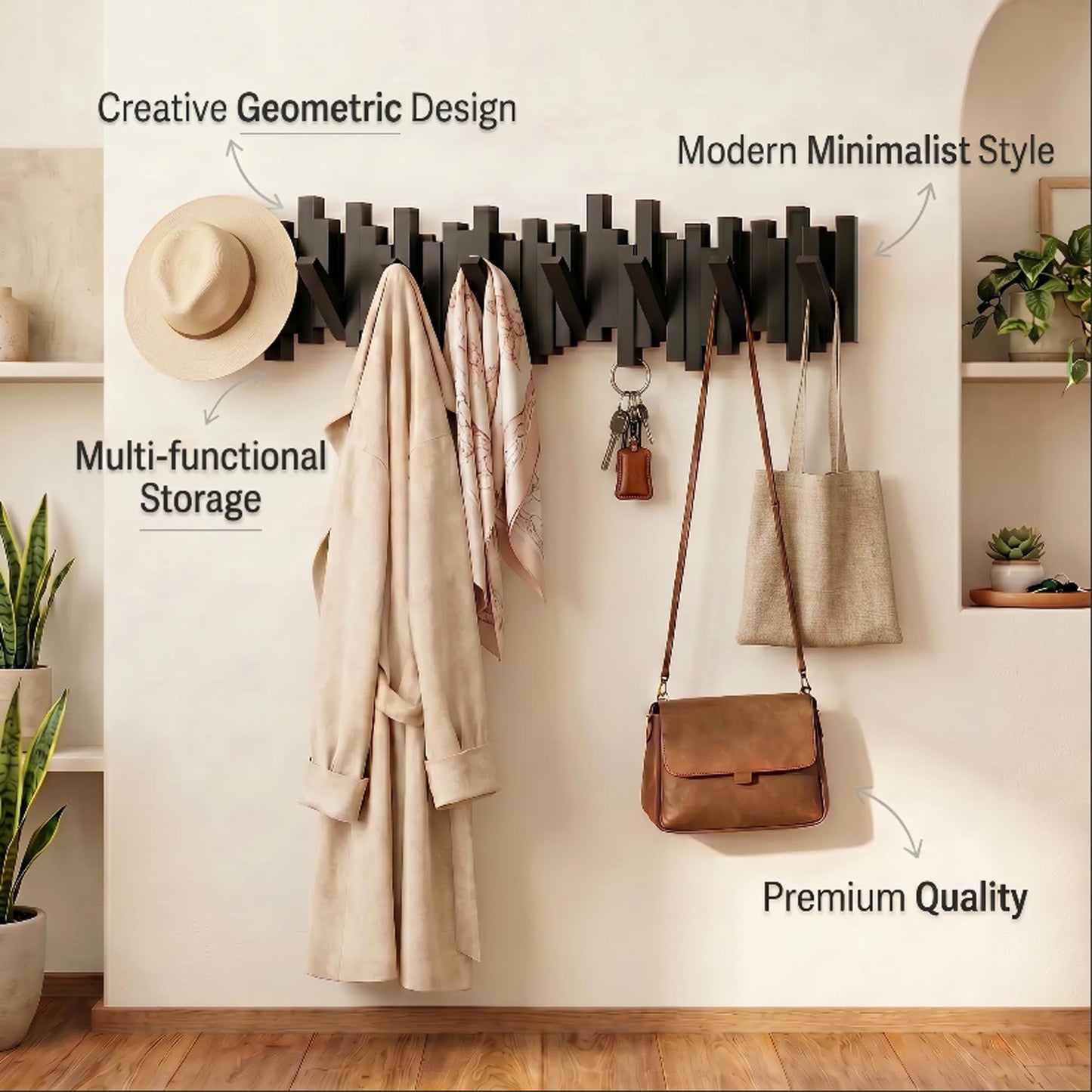 BWCXR Wall Mounted Wooden Coat Rack with Flip-Down Piano Key Hooks, Hardwood Heavy Duty Wall Hook Rack with Hidden Mount for Entryway, Coats, Bags & Hats, Black 8 Hooks