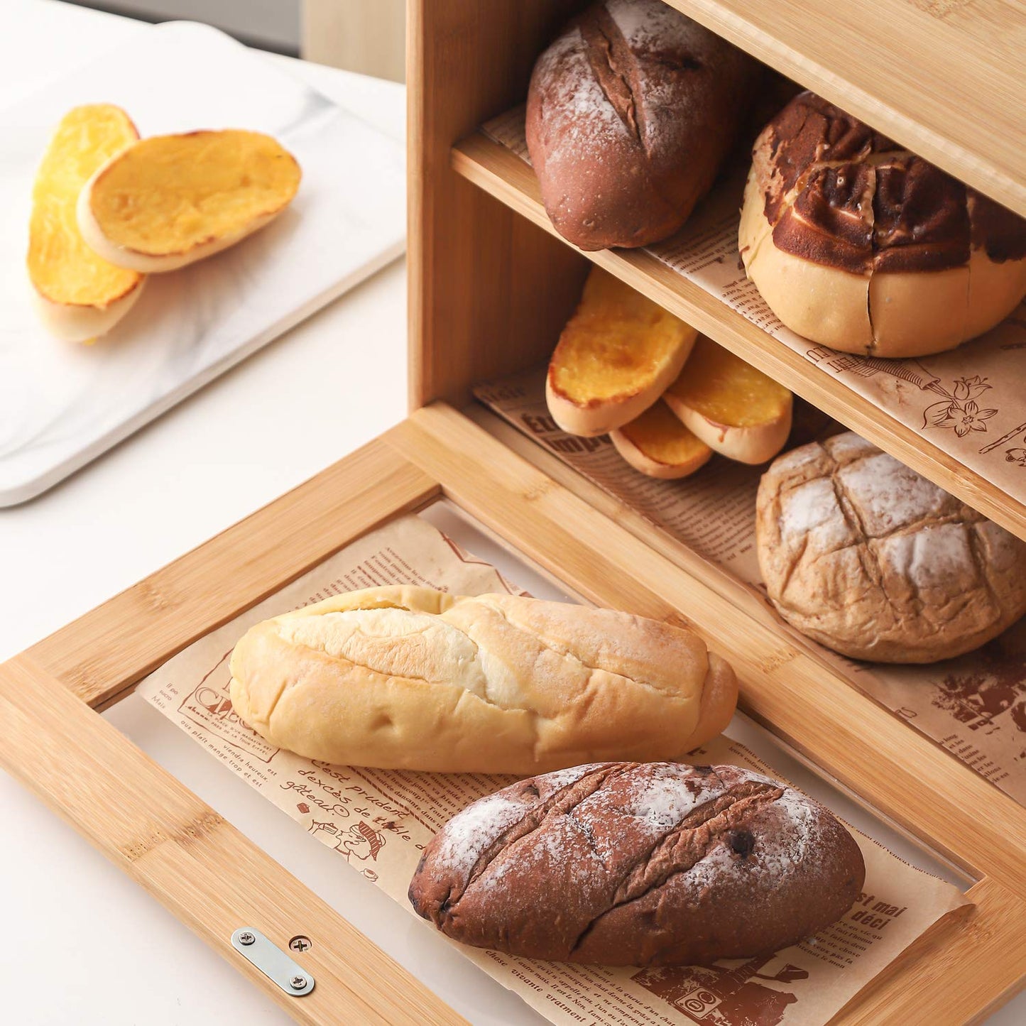 Bread Box, 2 Layer Bamboo Bread Boxes with transparent windows for Kitchen Food Storage, Equipped with three transparent glass storage Kitchen Canisters，15.7" x 6.69" x 12", (Assembled)