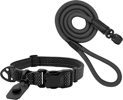 Quick Clip Dog Collar & Rope Leash Set, Black Medium – Magnetic Buckle, Reflective