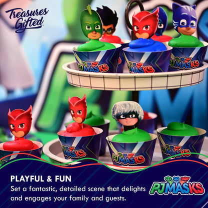Treasures Gifted Officially Licensed PJ Masks Party Decorations - Cake Topper Set - PJ Masks Birthday Party Supplies - (1) Cake Topper & (24) Cupcake Toppers & Wrappers