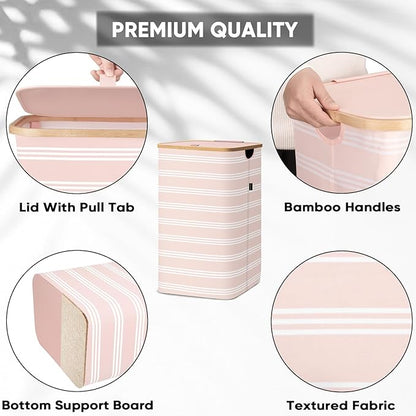 BALEINE Laundry Hamper with Lid, Tall Laundry Baskets with Bamboo Pull Handles