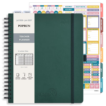 POPRUN Teacher Lesson Planner 2026-2027, (Letter Size - 8.5'' x 11'') Academic Planner July 2026 - June 2027 with Gradebook & Color Monthly Tabs, Thick Paper, 2-Sided Pocket, Leather Cover, Evergreen