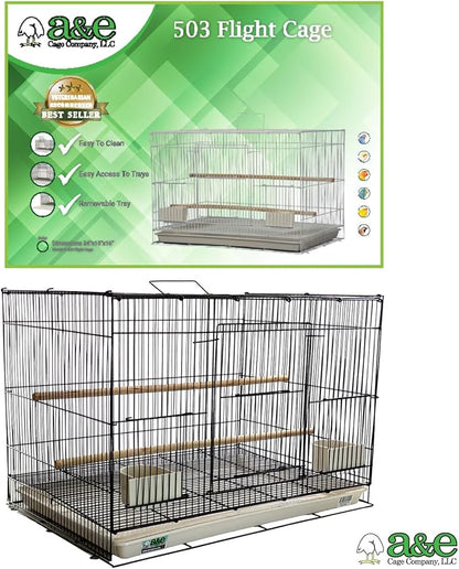 A&E Cage Co 503 Flight Cage – 24"x16"x16" Small Bird Cage with Slide-Out Tray, Wood Perch, Dual Feeding Stations & Carry Handle – Black Powder Coated Cage for Finches, Canaries & Small Birds
