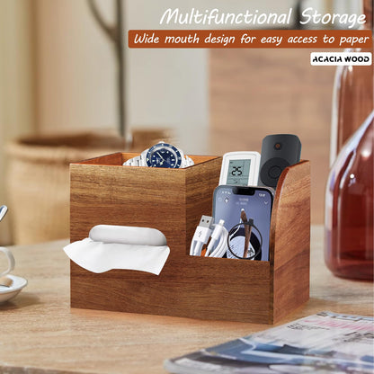 BIBELUN Wood Tissue Box Cover Square with Tray and Remote Holder, Multifunctional Tissues Cube Box Organizer/Shelf/Rack, Napkin Storage Box for Bathroom, Vanity, Nightstand, Office, Home Decor