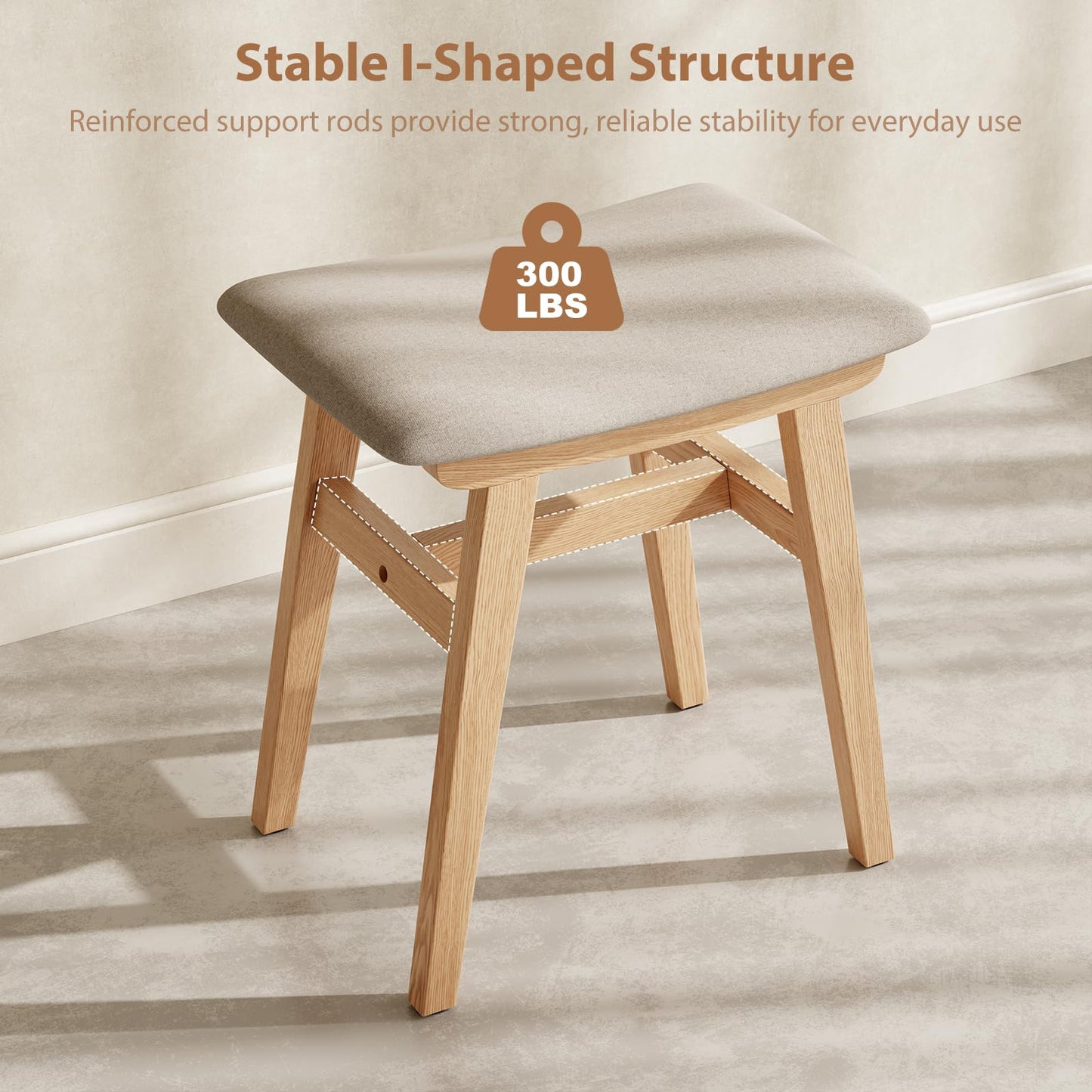 Muwuele Solid Wood Vanity Stool, Compact Makeup Chair with Saddle Cushion, Linen-Covered High Rebound Sponge Seat, Easy Assembly Footstool for Bedroom, Entryway, Home, Natural