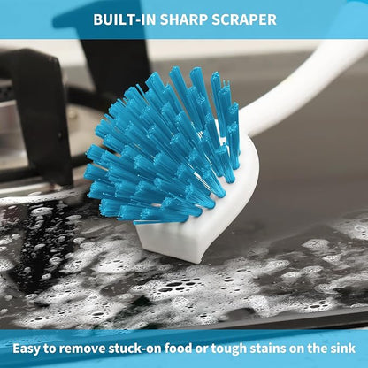 Dish Brush with Handle, 2 Pack Scrub Brushes with Built-in Scraper