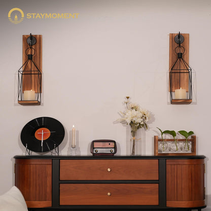 Staymoment Candle Sconces Wall Decor: Set of 2 Farmhouse Wood Candle Holder Indoor Black Metal Lantern Decorations for Living Room Front Porch Yard